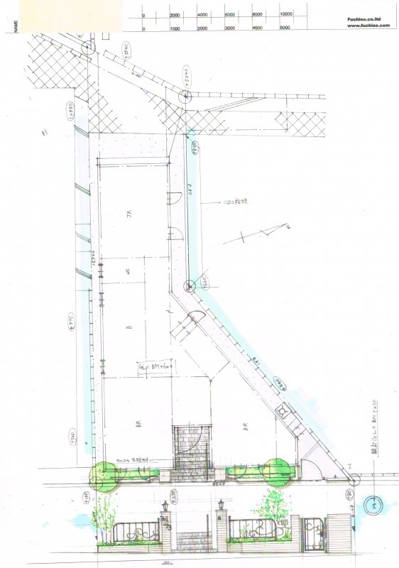 No.1053：エレガント1M外構と 方形石の玄関ポーチ