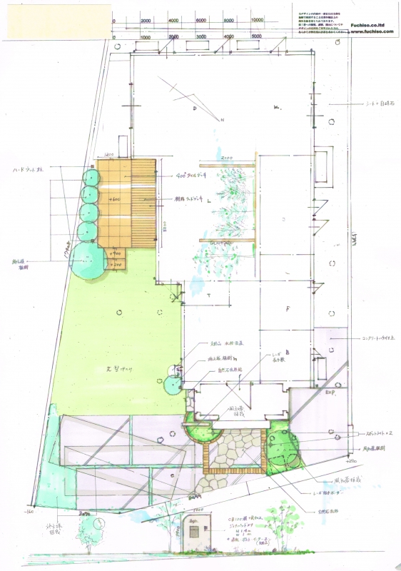 No.1075：乱形石とレンガのアプローチ リビング前はウッド&タイルテラス