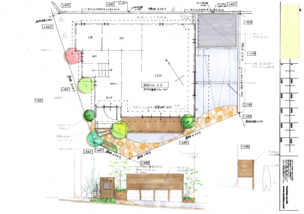 No.1122：イエロー乱形石のある外構アプローチ 横浜市