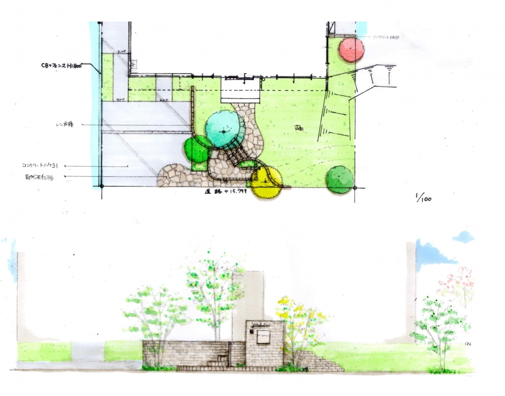 No.1157：上品な曲線に沿わせたレンガのアプローチ