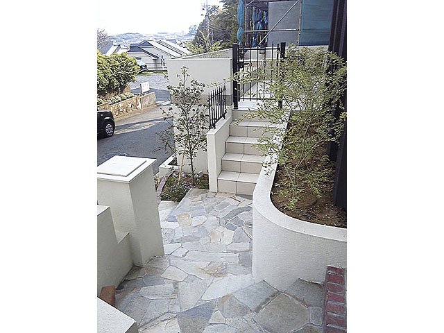 タイル、階段、外壁、花壇、植木