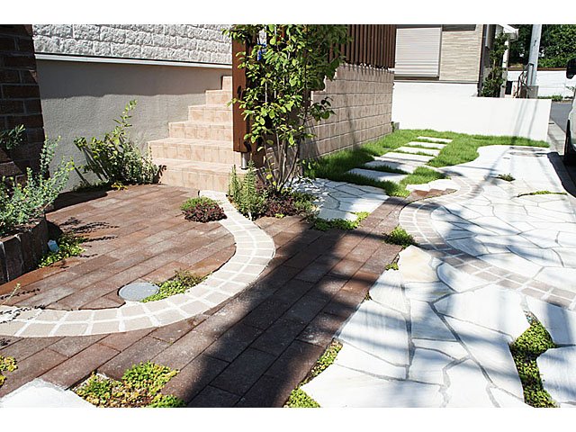 レンガ、タイル、石、芝生、自然石