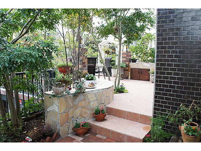 木々に包まれるタイルの階段